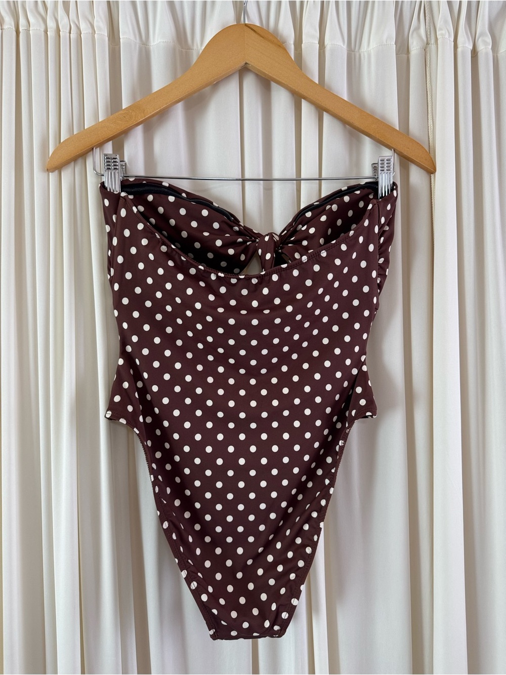 Dippin' Daisy's Devon Brown Polka Dot Strapless Knotted One-Piece Swimsuit Sz M - Picture 7 of 8